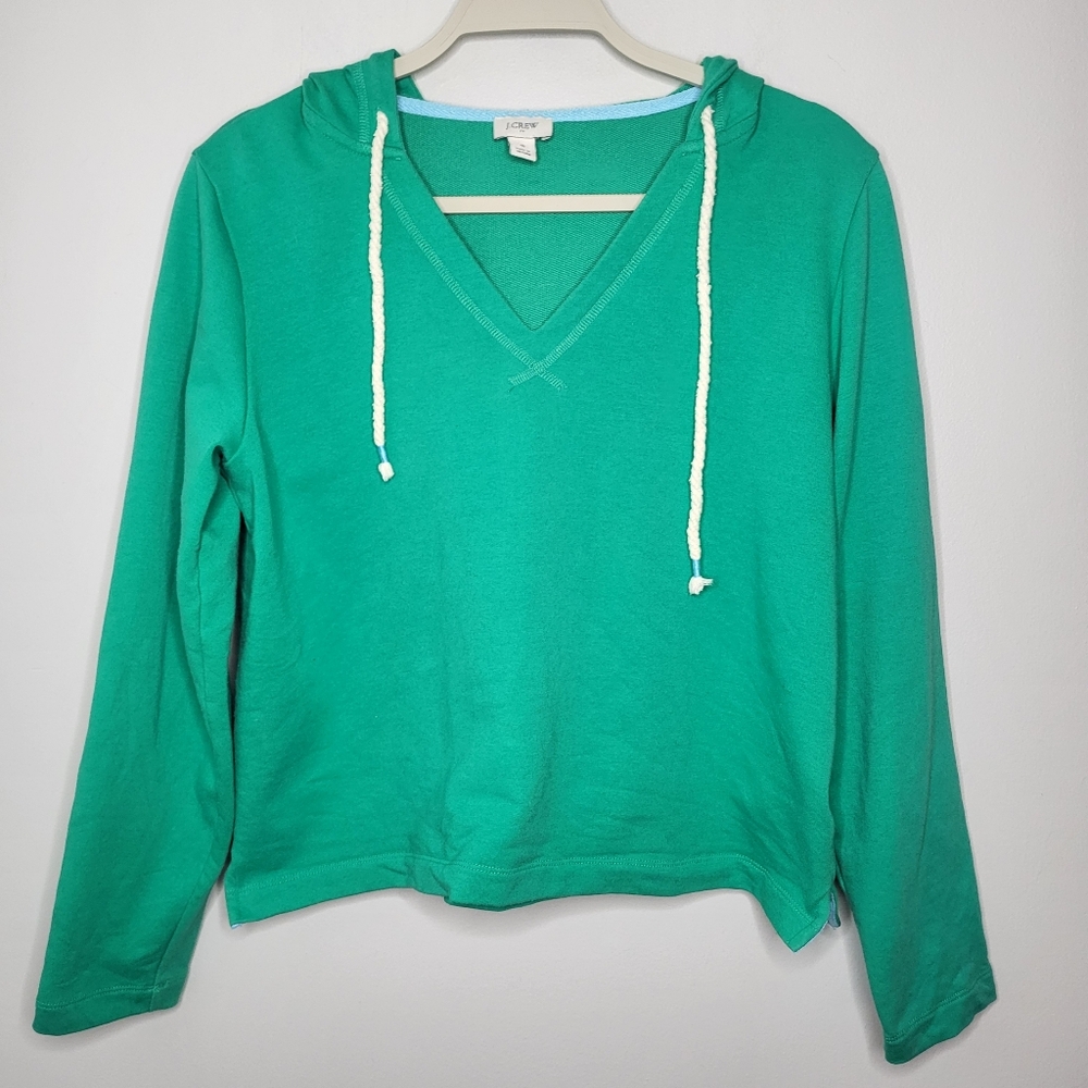 J. Crew Kelly Green V-Neck Hoodie Pullover with Tasseled Drawcord  Women’s Small